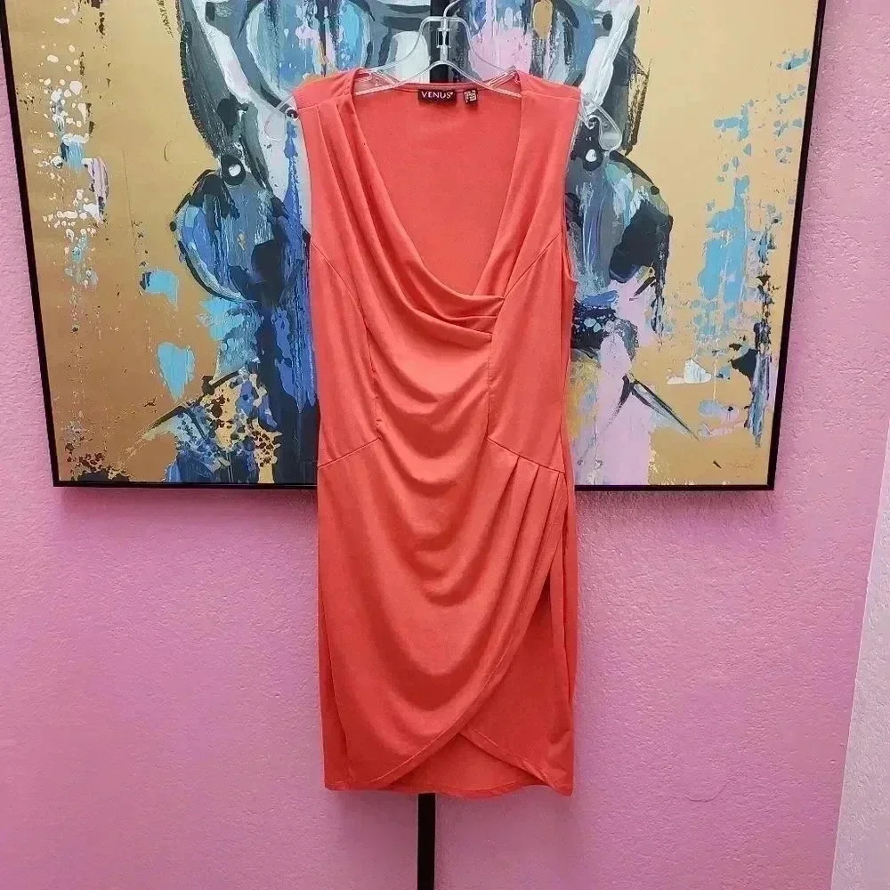 VENUS Orange/Coral Drape Front Dress